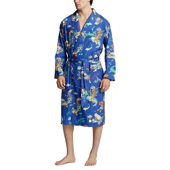 Polo Ralph Lauren Mens Size L / XL Blue Tropical Sailboat Print 100% Cotton Robe - Picture 13 of 13